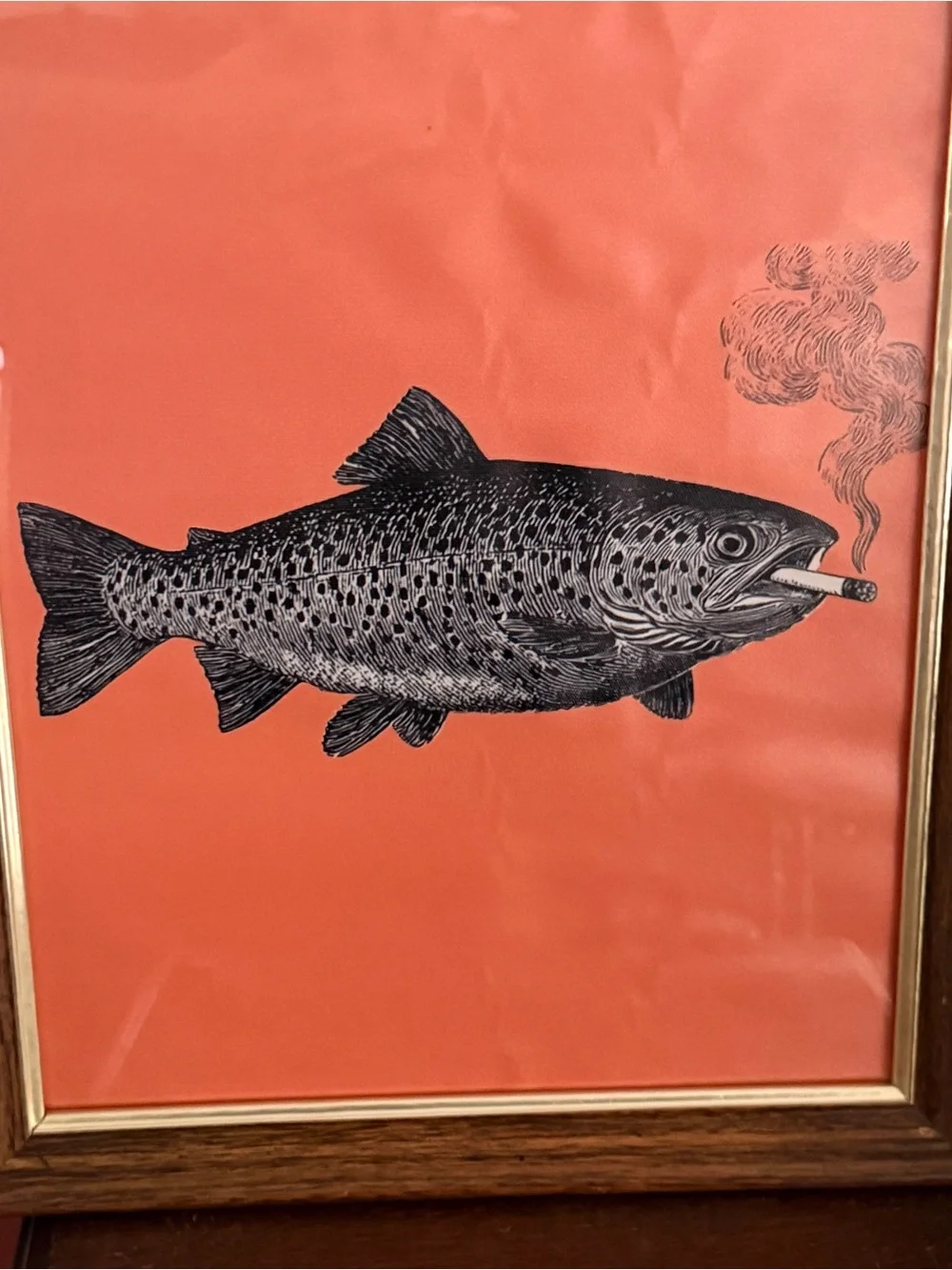 Trout Fish Smoking a Cigarette Vintage Style Canvas Wall Art Print Wood Framed